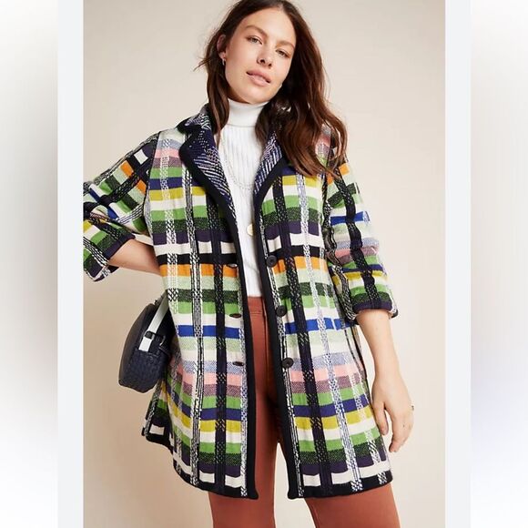 Anthropologie Aldomartins Shanley Plaid Wool Sweater Coat - Picture 4 of 9